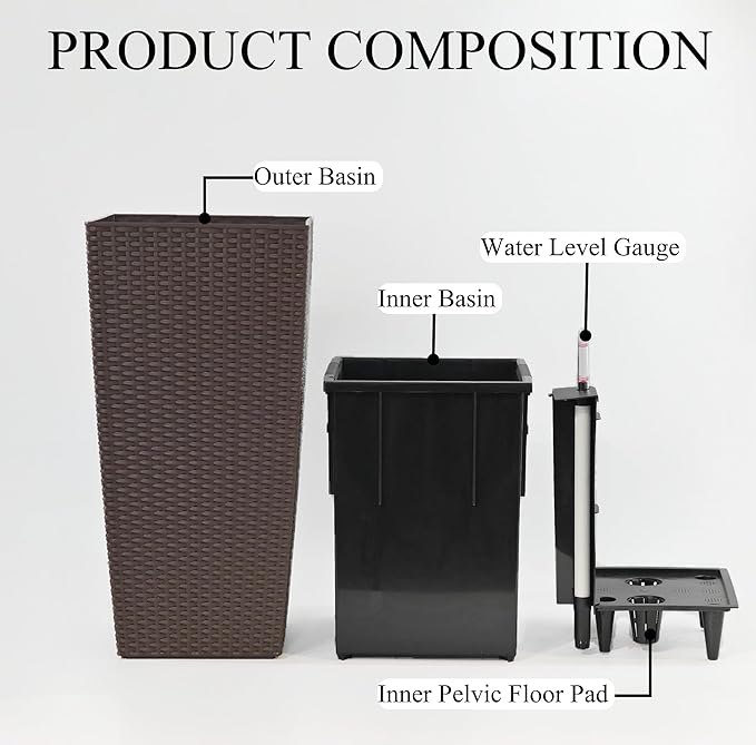 2Pcs 23in High Large Plant Pots Planter-Self-Watering,Modern Planter with Drain Holes,Water Level Monitor,Inner Bucket for Indoor/Outdoor Front Porch Patio,Brown Rattan
