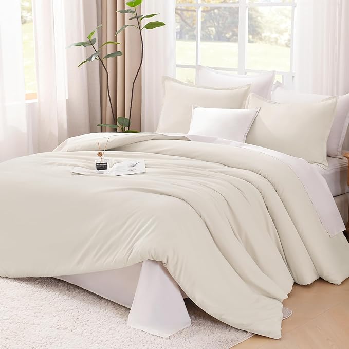 Litanika Oversized King Comforter 128x120 Beige, 3 Pieces Lightweight Solid Bedding Comforter Set, All Season Fluffy Bed Set (1 Comforter & 2 Pillowcases)