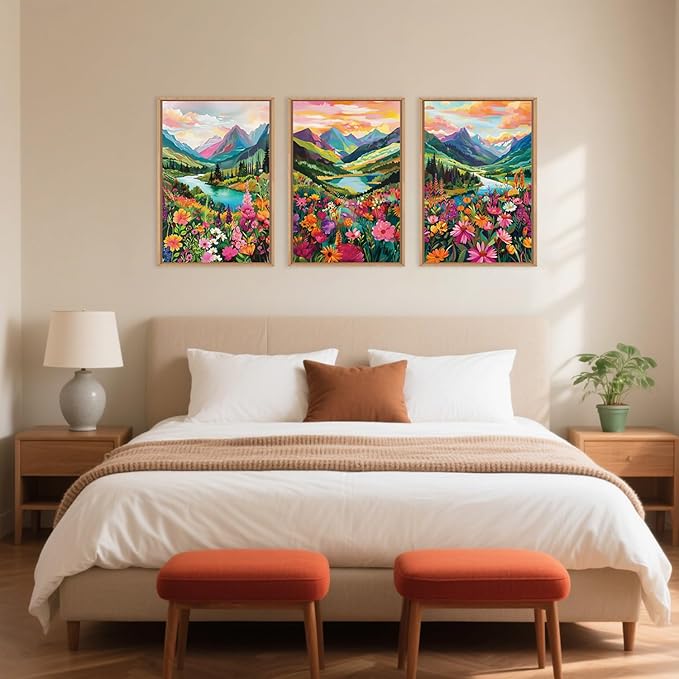 Celestdeco Wildflower Blossom Framed Canvas Wall Art Set, Colorful Flowers Painting, Abstract Landscape Wall Decor, Natural Ridge Floral Art Print for Living Room, Dining Room, Office - 24"x36"x3