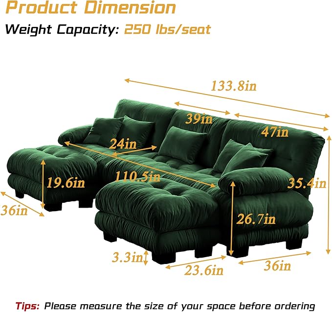 Modular Sectional Sofa, Comfy Cloud Couch 3 Seater Couch with Ottoman, Sectional Couches for Living Room, Modern Chenille U Shaped Couches, Sleeper Deep Seat Sofa with Throw Pillows, Green