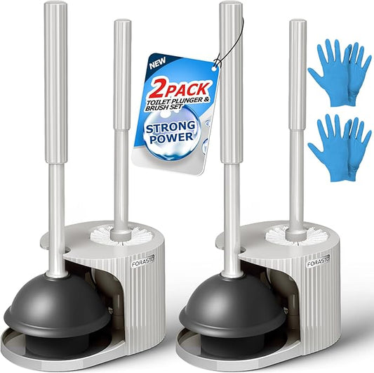 2Pack 2 in 1 Toilet Brush and Plunger Set, Extended Handle Plunger，Toilet Bowl Brush Plunger Set,Bathroom Cleaning Tools ，Toilet Brush Plunger Combo，Cleaning Supplies（Cream Grey）