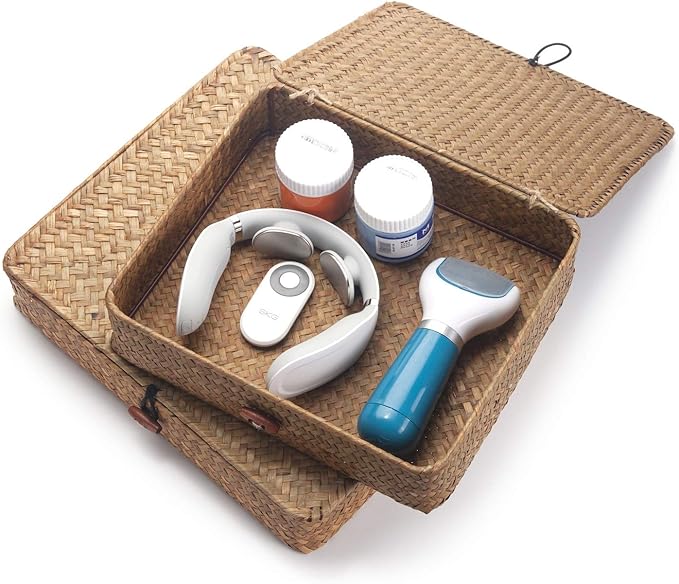 Seagrass Storage Basket Box with Lid Rectangular Woven Shelf Baskets Bins for Organize Snack Toys Set of 2 Natural Decorative(Large+Small)