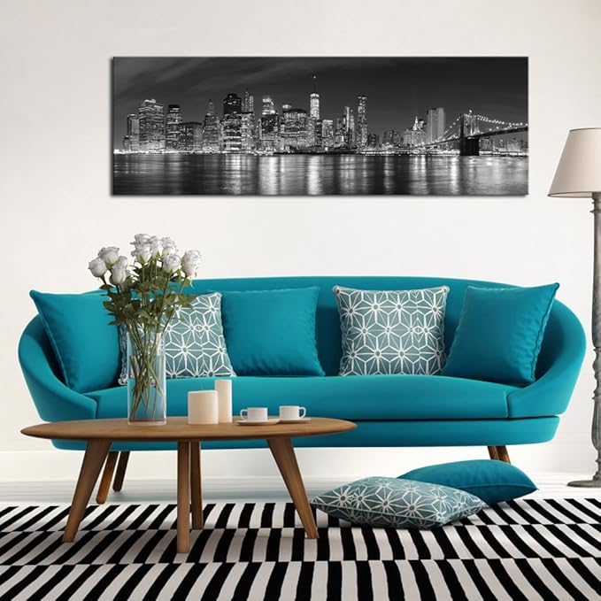 Wieco Art New York Manhattan Night View in Black and White Giclee Canvas Prints Modern Stretched and Framed Art work Cityscape Pictures Paintings on Canvas Wall Art for Bedroom Home Decorations