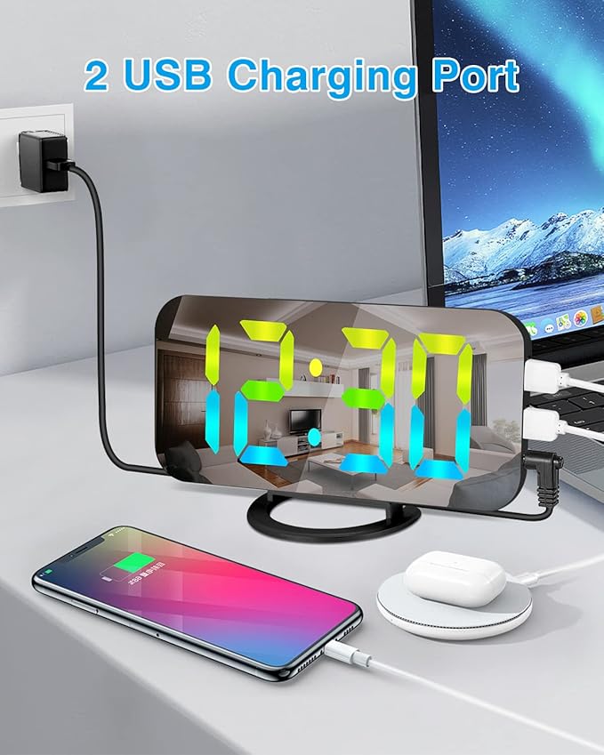 SZELAM LED RGB Digital Alarm Clock,with 11 Color Modes Display,Mirror Surface,Dual USB Charger Ports,Modern Desk Clocks for Bedroom Home Office Decor- Black