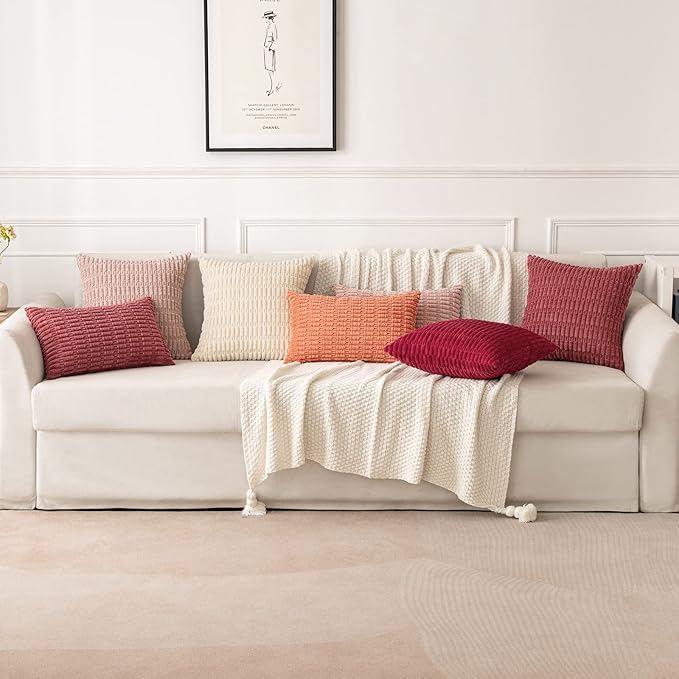 MIULEE Pack of 2 Corduroy Decorative Lumbar Throw Pillow Covers 20x12 Inch Soft Boho Striped Pillow Covers Modern Farmhouse Home Decor for Sofa Living Room Couch Bed Cranberry Red