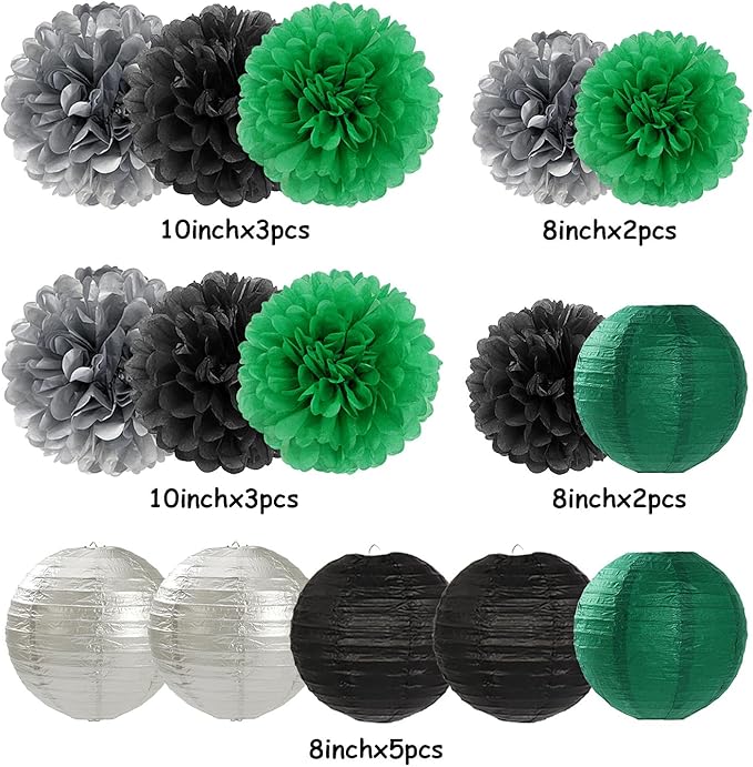Green-Black Silver Party-Decorations Paper Flowers Lanterns - 15PCS Football Game Day Birthday Tissue Pom Poms Streamers, Bachelorette New Years Hanging Supplies Decor Hugfond