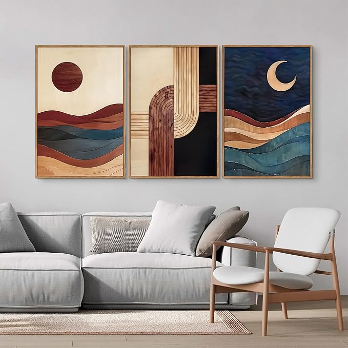 SIGNINART Boho Mid Century Modern Framed Canvas Wall Art, Bohemian Geometric Wall Decor, Abstract Sun and Moon Artwork,Beige and Black Wooden Art Paintings for Living Room Bedroom Office 16"x24"x3