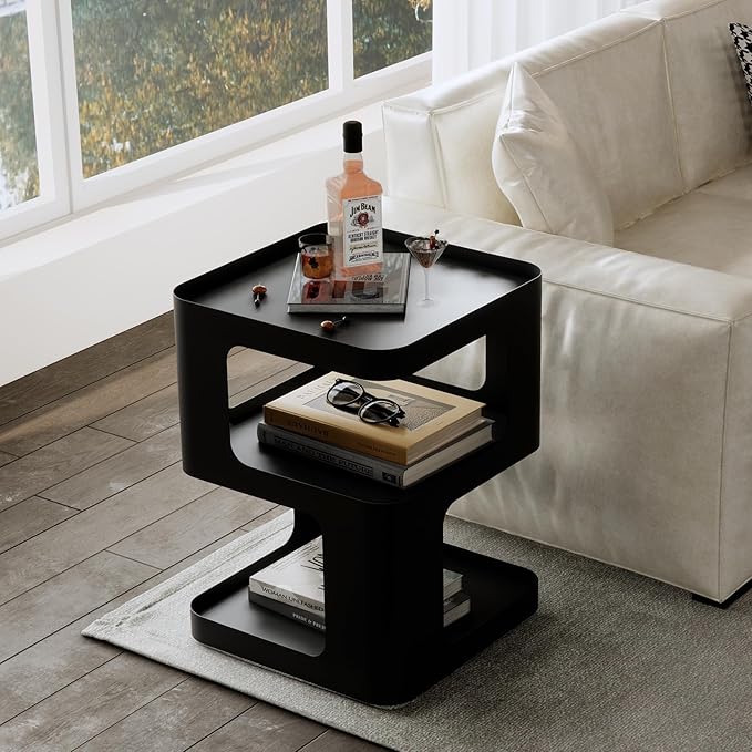 Side Table,Modern end Table,Unique nightstand,Bedside Table,Black Metal Night Stand with Storage,Accent Side Table for Couch,Bedroom,Living Room.No Assembly Required