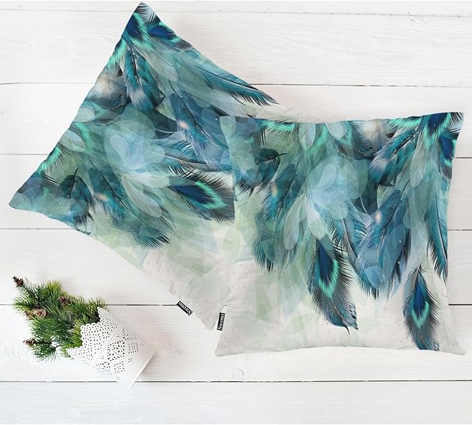 Swono Peacock Feather Throws Pillows Covers for Couch, Abstract Peacock Feathers Blue Decorative Pillow Cases for Men Women, Comfortable Pillow Cushion Cover Pack of 2 18"X18" for Home Sofa Bed