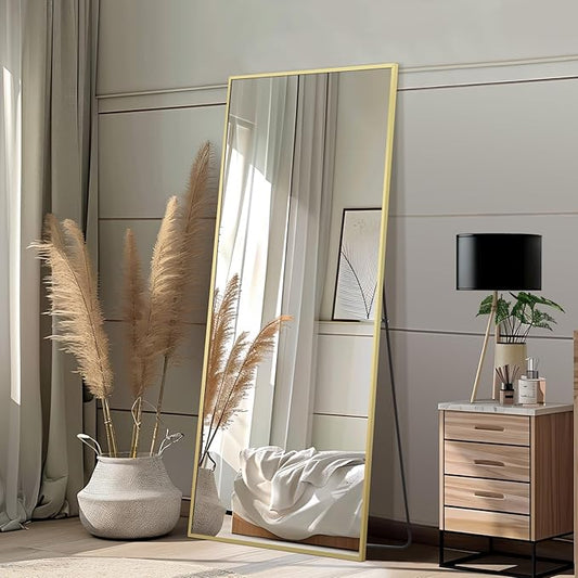 56"x18" Gold Full Length Mirror, Free Standing Mirror Full Length Made of Tempered Glass, Gold Floor Mirror for Bedroom Living Room Gym Dorm