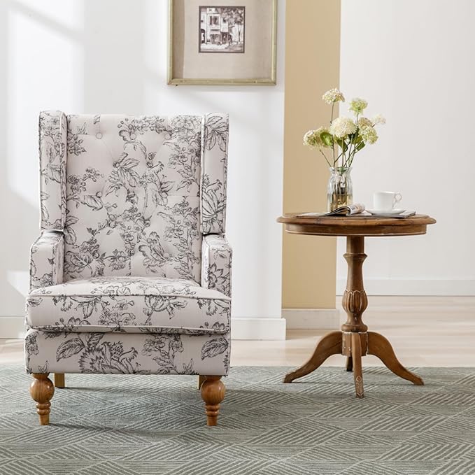 Mid-Century Accent Chair, Upholstered Arm Chair Linen Fabric Side Chair with High Back Solid Wooden Legs, Comfy Reading Chair for Living Room Bedroom, Floral Pattern