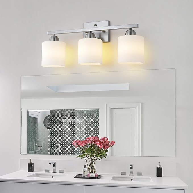 Stainless Steel Milk Glass Vanity Lights for Bathroom, 3 Light Brushed Nickel Bathroom Light Fixtures Over Mirror, Ceramic E26 Sockets Wall Mounted
