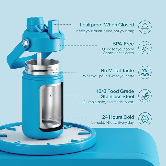 Kids Insualated Water Bottle with Straw - 12oz Stainless Steel Water Bottle with Dual Spouts, Leak-Proof, BPA-Free, Double Wall Vacuum Keeps Cold for 24 Hours for Sports, Travel, School (Azure Blue)