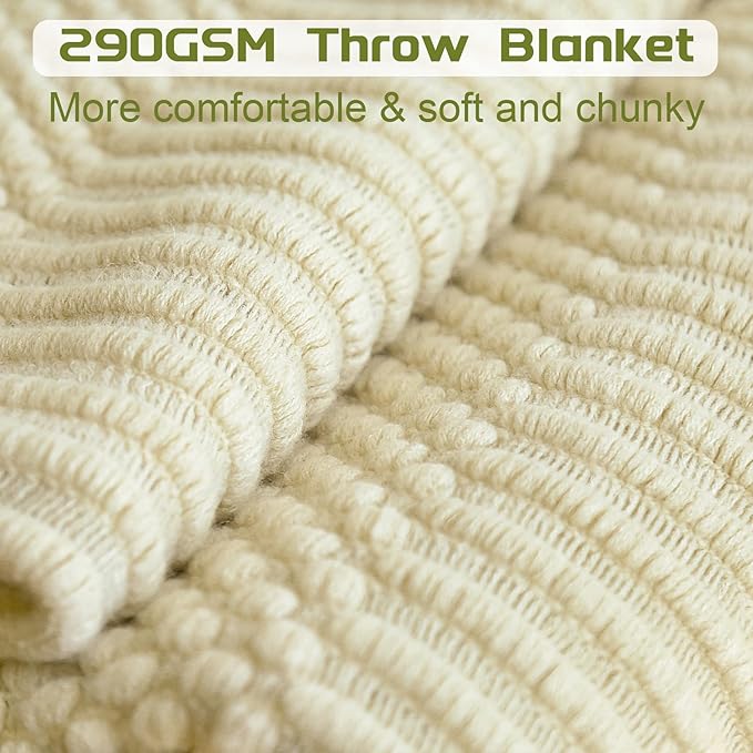 Blagic Knitted Throw Blanket for Couch, Bed and Sofa. Super Soft Blanket with Tassels, Beige/Ivory Throw Blanket, 50 x 60 Inches Lightweight & Cosy Home Decor