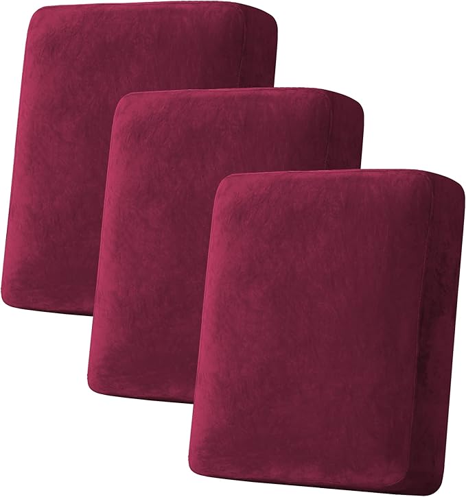 H.VERSAILTEX Velvet Stretch Couch Cushion Cover Plush Cushion Slipcover for Chair Loveseat Sofa Cushion Furniture Protector Seat Cushion Sofa Cover (3 Piece Sofa Cushion Covers, Burgundy)