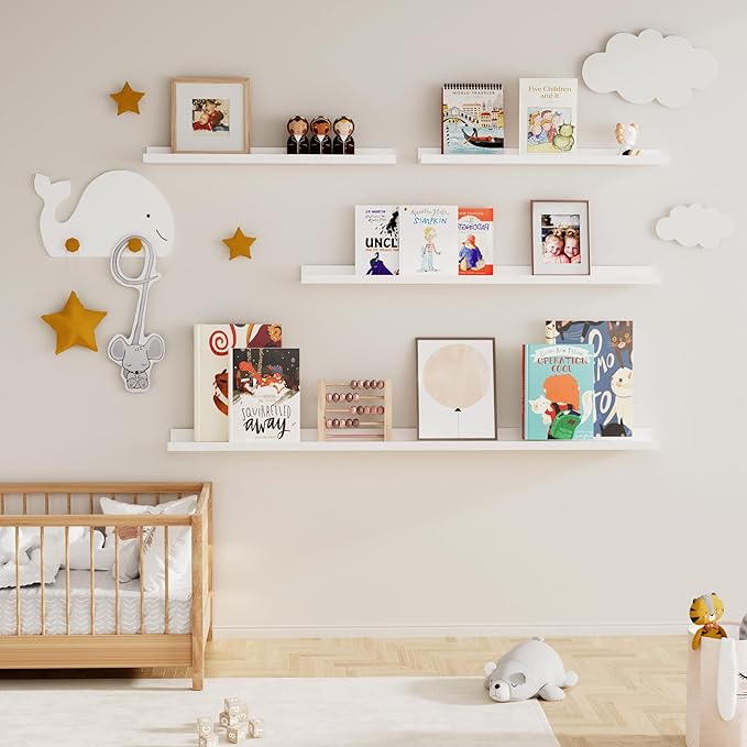 Fun Memories Picture Ledge Shelf, 24 Inch Floating Shelves Set of 2, Nursery Book Shelves for Toys Storage, Kids Bookshelf Wall Mounted for Wall Decor Books Photo Frames, White