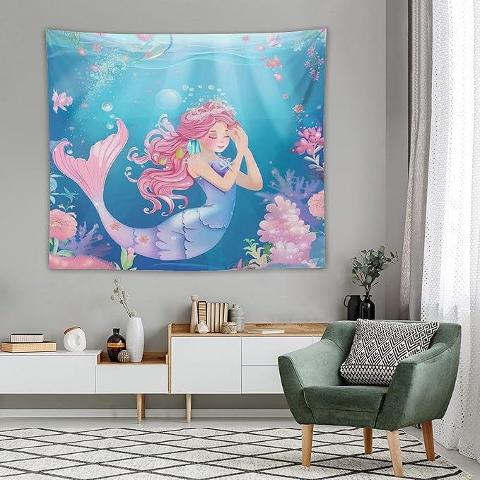 HZOHNAGO Mermaid Girls Tapestry Watercolor Flowers Mermaid Princess Blessing Pattern for Kids Room Decoration Printed Wall Tapestry Wall Hanging for Bedroom Living Room Dorm 60" W x 50" H