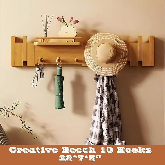 Wall Mounted Piano Key Hanger | Flip Style Hook | Entrance Wall Art Hook, Made of Oak Wood (3 Times Painted, 4 Times Polished) (Fence Beech, 10Hooks)