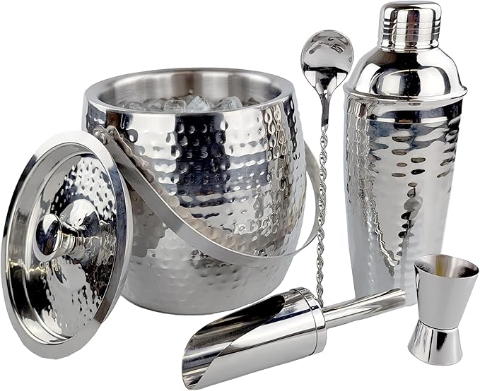 BREKX Insulated Ice Bucket for Cocktail Bar with Drink Shaker 5-Piece Cocktail Set for Parties with Lid and Scoop - Bartender Accessories, Bartending Kit for Home Bar or Gifting