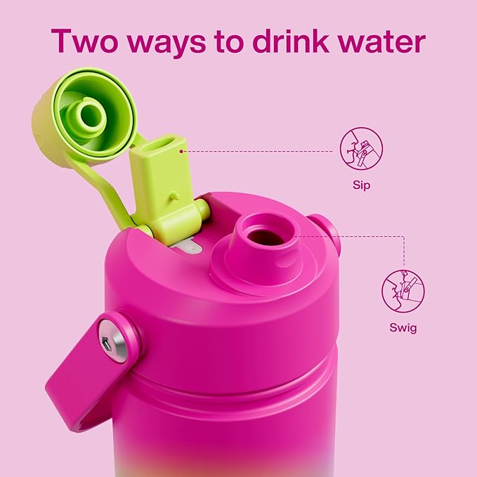 Kids Insualated Water Bottle with Straw - 12oz Stainless Steel Water Bottle with Dual Spouts, Leak-Proof, BPA-Free, Double Wall Vacuum Keeps Cold for 24 Hours for Sports, Travel, School (Lime Sorbet)