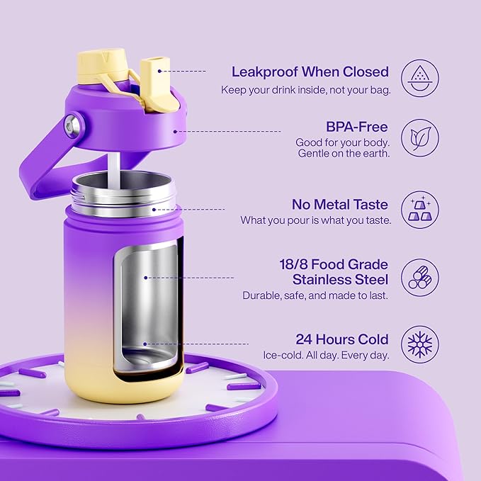 Kids Insualated Water Bottle with Straw - 12oz Stainless Steel Water Bottle with Dual Spouts, Leak-Proof, BPA-Free, Double Wall Vacuum Keeps Cold for 24 Hours for Sports, Travel, School (Peach Dream)