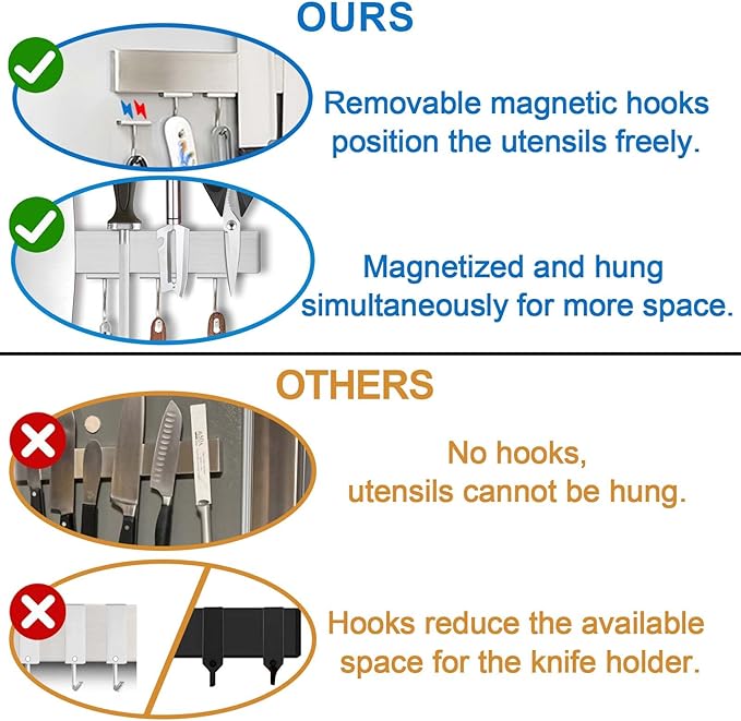 17.5" Magnetic Knife Holder for Wall with Hooks - No Drill Adhesive Mount - 304 Stainless Steel Knife Magnetic Strip
