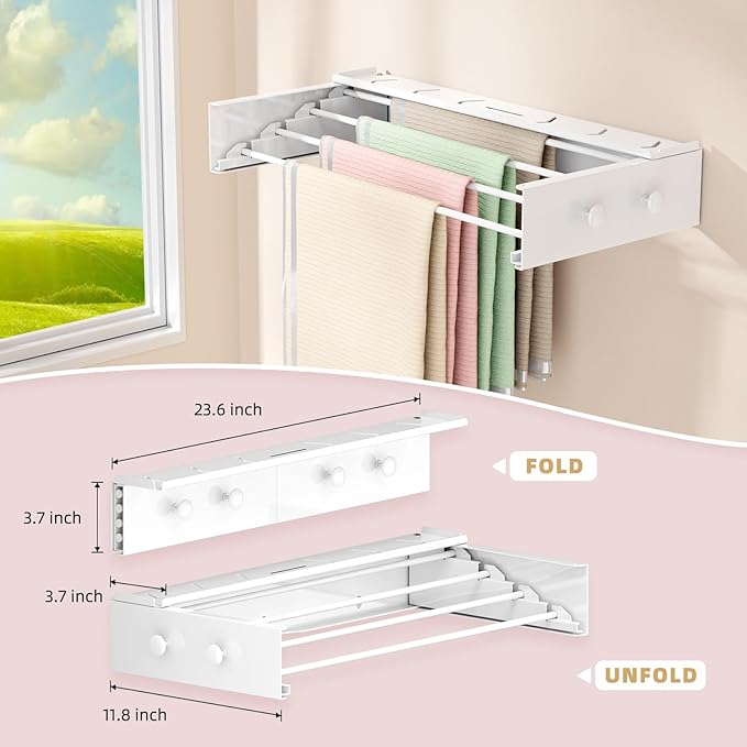 Wall Mounted Drying Rack with 4 Hooks and Shelf, Foldable Clothes Drying Rack for Laundry Room, Collapsible Laundry Rack Wall Mount, for Indoor Outdoor Hanging Clothes, 23.6 Inch