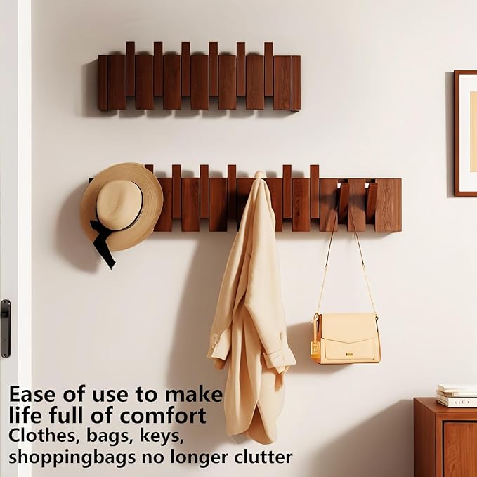 Wall Mounted Piano Key Hanger | Flip Style Hook | Entrance Wall Art Hook, Made of Oak Wood (3 Times Painted, 4 Times Polished) (Walnut, 10Hooks)