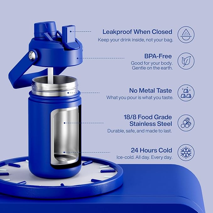 Kids Insualated Water Bottle with Straw - 12oz Stainless Steel Water Bottle with Dual Spouts, Leak-Proof, BPA-Free, Double Wall Vacuum Keeps Cold for 24 Hours for Sports, Travel, School (Royal Blue)