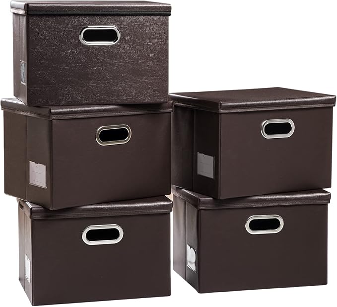 PRANDOM Foldable Storage Bins with Lids [5-Pack] Leather Fabric Collapsible Storage Boxes Organizer Containers Baskets Cube with Cover for Bedroom Closet Office Nursery Brown (14.9x10.8x10)