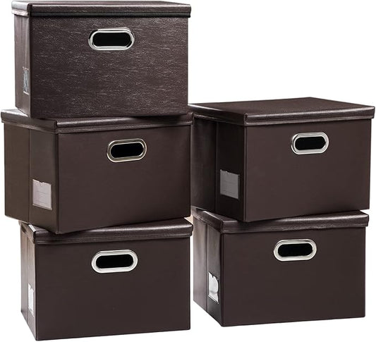 PRANDOM Foldable Storage Bins with Lids [5-Pack] Leather Fabric Collapsible Storage Boxes Organizer Containers Baskets Cube with Cover for Bedroom Closet Office Nursery Brown (14.9x10.8x10)