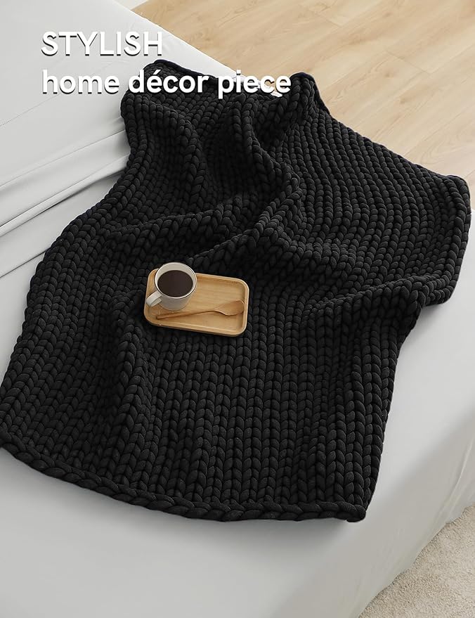 YnM Chunky Throw Blanket, Medium-Weight, Hand Knitted, Skin Friendly, Ventilated and Breathable, Machine Washable, Home Décor Piece for Couch, Sofa and Bed (Black, 50x70 Inch)