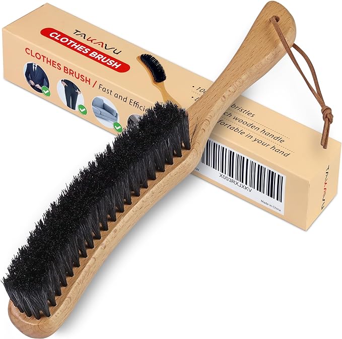 TAKAVU Clothes Brush Hat Brush, Black Boar Bristle Lint Brush with Large Beech Wood Handle - Perfect for Pet Hair, Suits, Velvet, Cashmere, Wool, Suede, Shoe - Effective Lint Remover