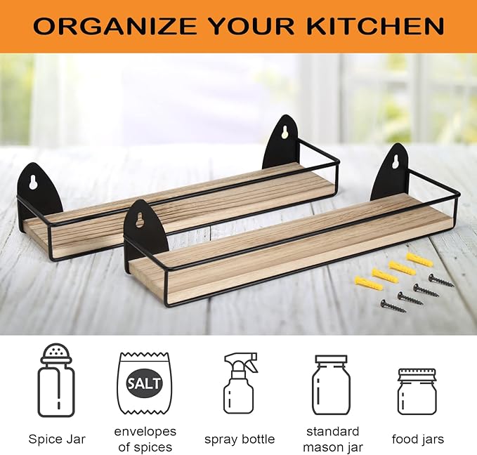 TJ.MOREE 2 Pack Spice Rack Wall Mount Rustic Style Hanging Spice Organizer for Wall, Kitchen Spice Storage