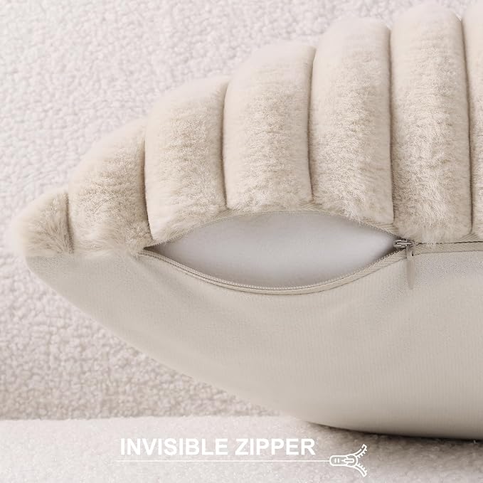 Pallene Faux Fur Plush Lumbar Throw Pillow Covers 12x20 Set of 2, Luxury Soft Fluffy Striped Decorative Pillow Covers for Sofa, Couch, Living Room, Apricot