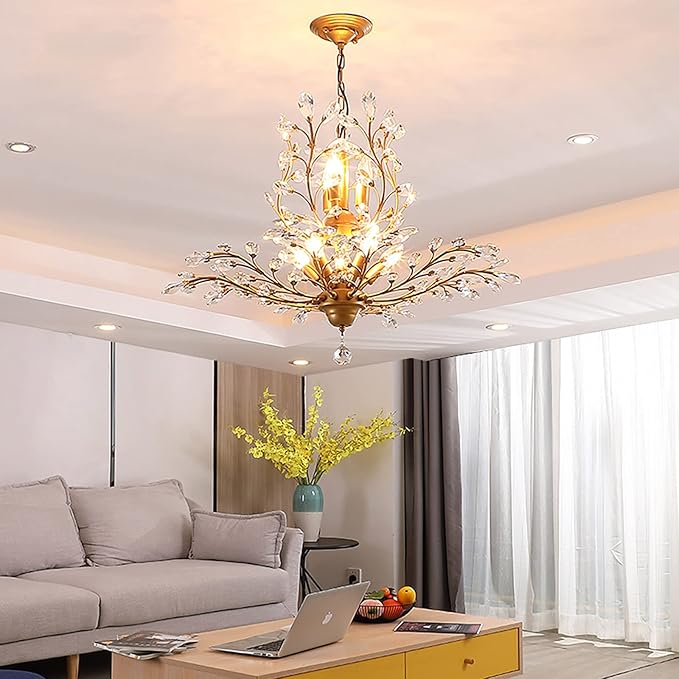 Ganeed Crystal Chandeliers,Vintage Pendant Lighting Crystal Chandelier Lighting Fixtures with 8 Lights,Ceiling Light Fixture for Living Room Bedroom Restaurant Porch Hallway (Gold)