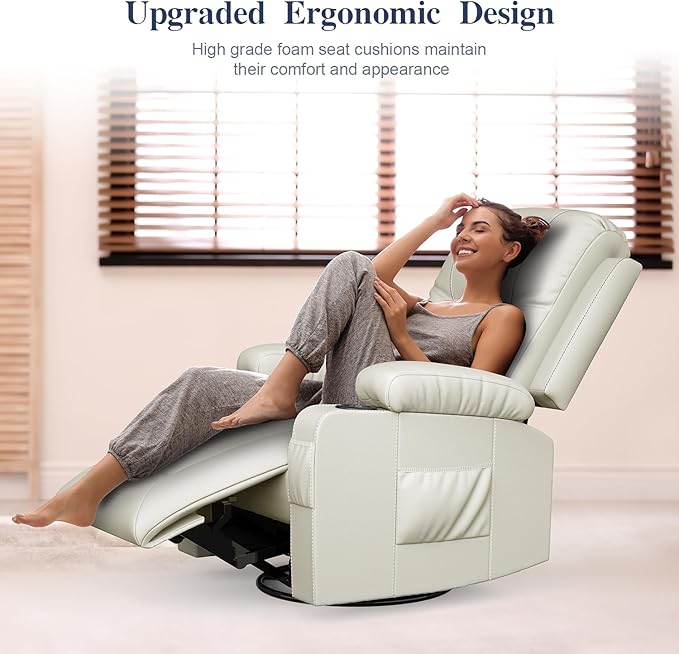 Recliner Chairs for Adults, Massage Rocker with Heated Modern Ergonomic Lounge 360 Degree Swivel Single Sofa Seat Living Room Lounge Recliners Ivory White