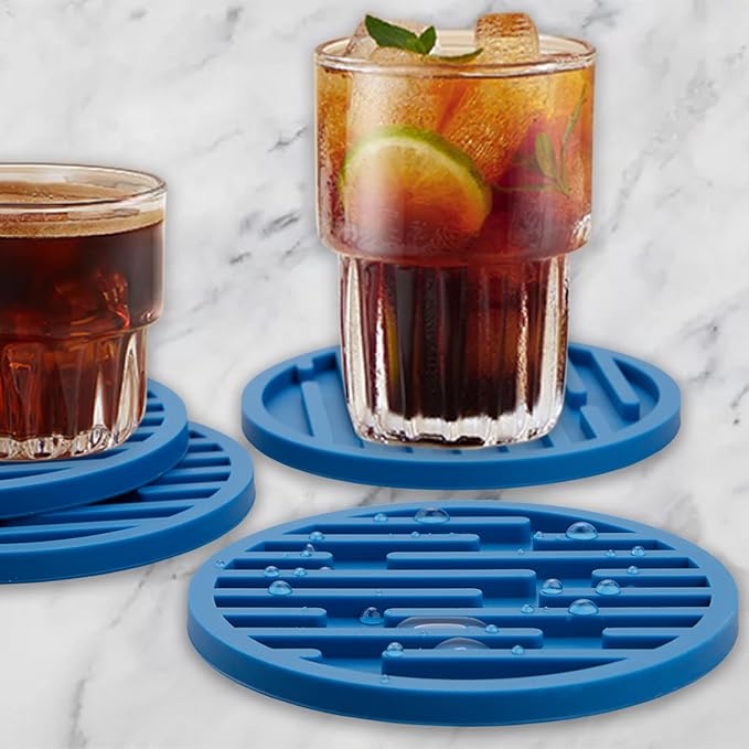 Coasters for Drinks & Coffee Table, Cute Silicone Cup Coasters with Holder, Drink Coaster Set of 8, Soft Cool Bar Coaster Dia 4 Inch, Beer Funny Mat for Tabletop, Desk and Outdoor Blue