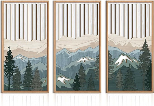 IARTTOP Large Mountain Wood Wall Art Framed Decor Set Of 3, Modern Mountain Landscape Wall Art Nature Artwork Wall Decor For Bedroom, Living room, Office-16 x32
