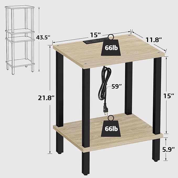 TUTOTAK End Table with Charging Station, Small Side Table with Outlets, Nightstand Bedside Table, 2-Tier Storage Shelf for Small Space, Living Room, Bedroom, Oak TB01BO040