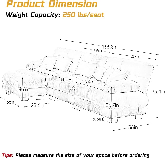 Pink 3-Seater L-Shaped Cloud Couch, Oversized Loveseat Sectional Sofa with Ottoman, Chenille Fabric, Modern Style