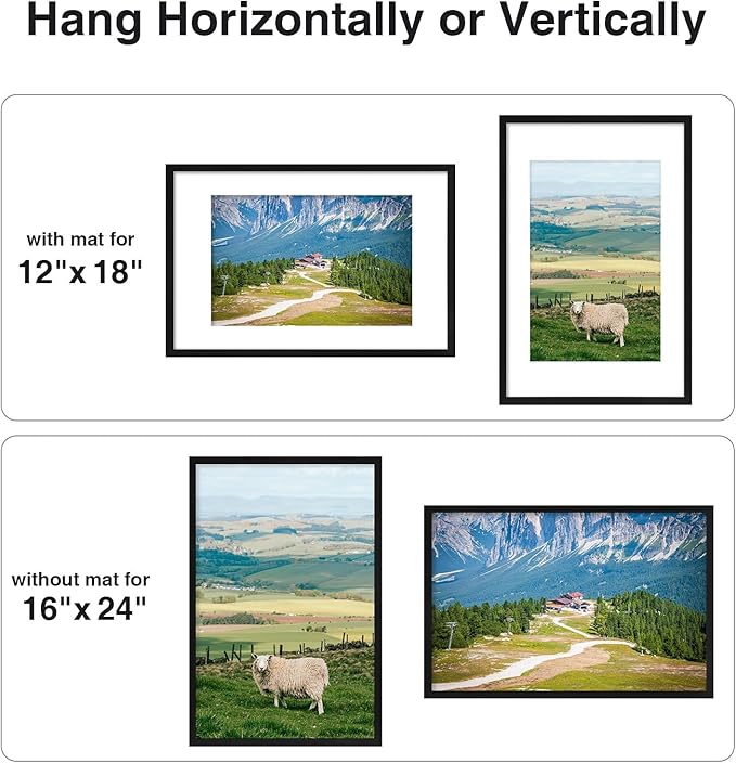 Vittanly 16x24 Picture Frames Set of 9, Shatter Resistant Plexiglass, Display 12x18 Pictures with Mat or 16x24 without Mat, Photo Frames for Wall or Tabletop, PVC Frame, Black