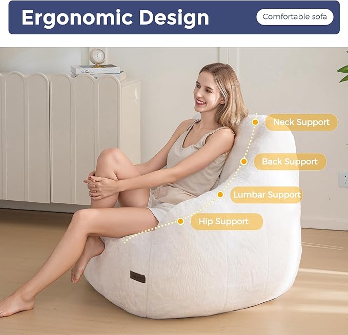 MAXYOYO Bean Bag Chair, Comfy Bean Bag Sofa with Back Support, Faux Fur Bean Bag Chair for Adults and Kids, Stuffed Floor Sofa for Living Room, Bedroom, Apartment, Beige