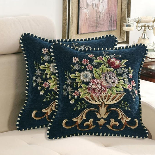 Set of 2 Blue Vintage Embroidered Throw Pillows Covers 18x18in，Vintage Decorations Floral Embroidered Cushion Cover for Sofa Couch Bed Chairs Car