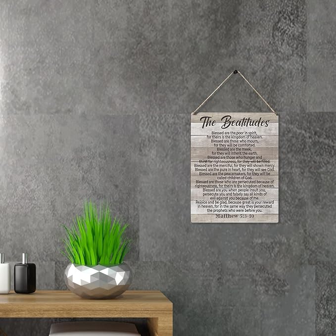 Inspirational Bible Gift Signs the Beatitudes Blessed are the Poor in Spirit for Theirs is the Kingdom of Heaven Wooden Hanging Sign Religious Scripture Art Wall Home Decoration 10 x 8 Inches