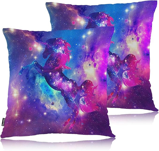 Swono Galaxy Unicorn 2Pcs Throw Pillow Covers for Men Women, Magical Unicorn Universe Galaxy Bedding Throw Pillowcase 18 X 18 Inch, Pillow Cushion Cover for Couch Sofa Bed Home