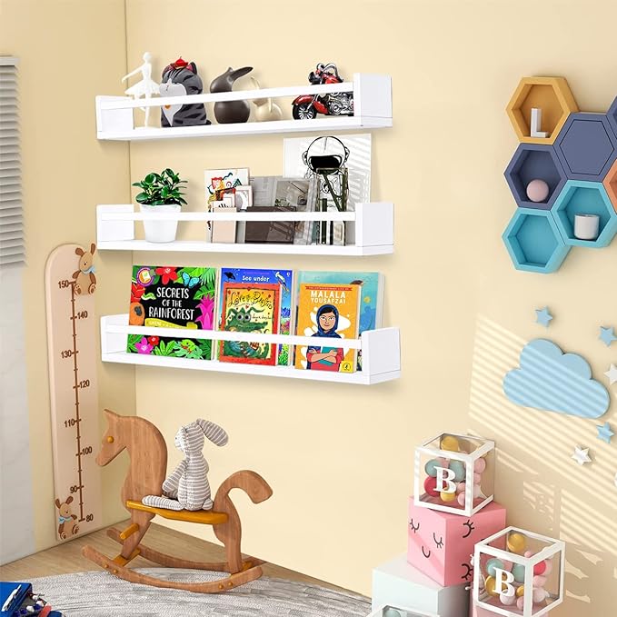 AZSKY Classic Nursery Book Shelves White Wall Book Shelves Kids Bookshelf for Bedroom Bathroom Décor Wall Ledge Shelves 36 in Hanging Shelves a Set of 3