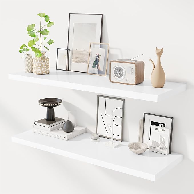 40" Floating Shelves for Wall, 12" Deep Slim White Floating Shelves, Wall-Mounted Shelves for Bedroom, Living Room, Kitchen, Bathroom - Set of 2