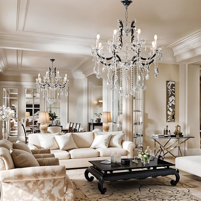Modern Crystal Chandeliers, Black Chandelier Light Fixtures, 29''Candle Chandeliers for Staircase Hallway Living Room Entryway, 8 Lights