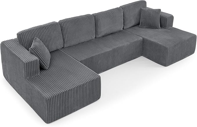 HYJT-H&K Modular Sectional Sofa Cloud Secttional Couch, 132" Comfy U Shaped Couches for Living Room, Deep Seat Memory Foam Fluffy Plush Corduroy Boneless Couch Sectionals with Chaise, Grey